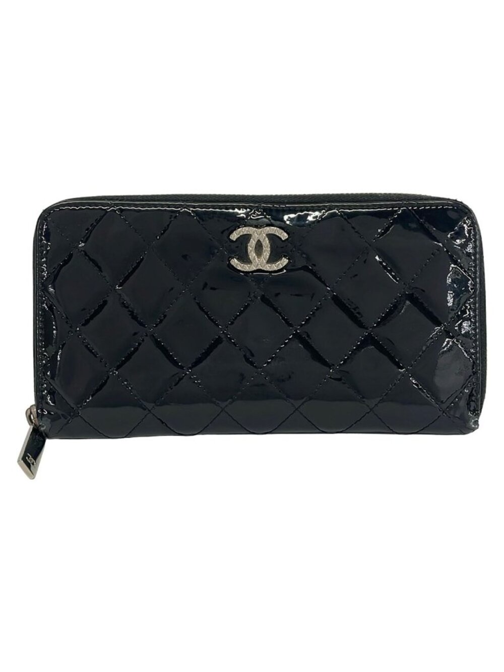 Chanel Wallet Quilted Black Silver Zip Around Leather